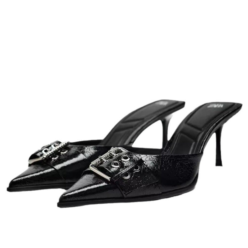 Black buckle strap French pointed slim heel sandals