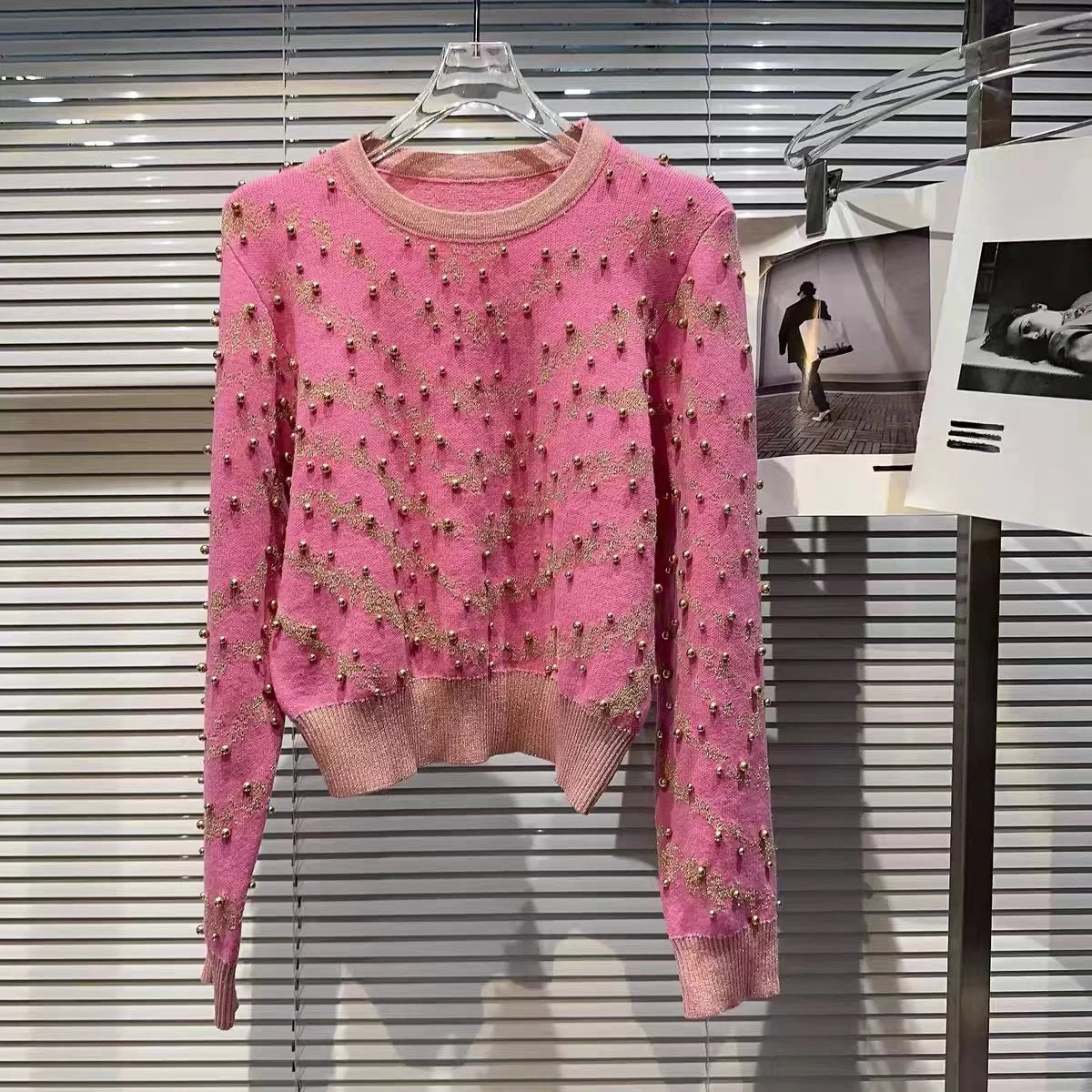 Beaded Gold Thread Knit Sweater Pullover Women Vintage Stylish Elegant Chic Tops  Autumn Winter Long Sleeve O-neck Jumpers