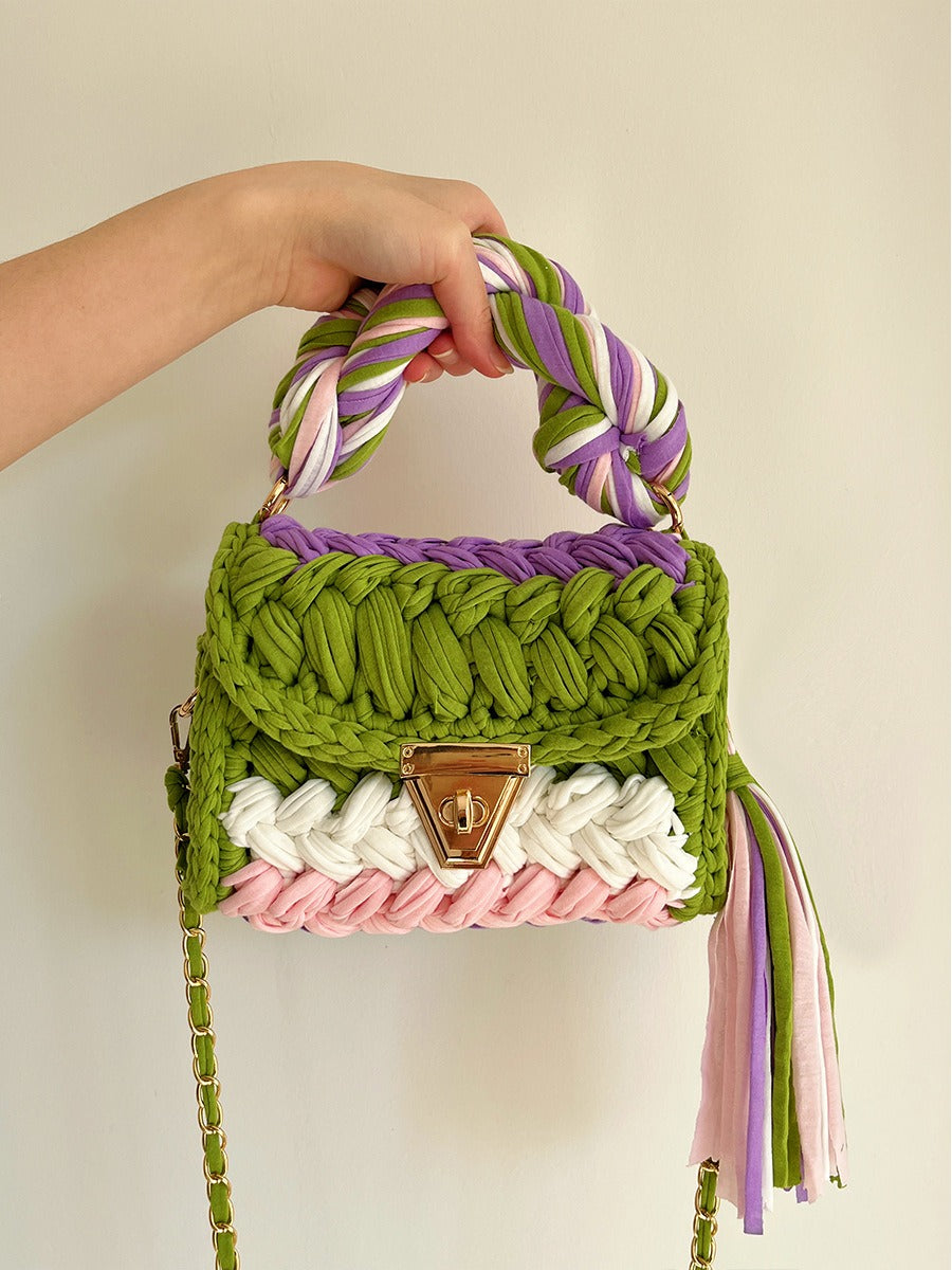 Hand woven bag crochet bag shoulder bag women's Fried Dough Twists portable tassel bag