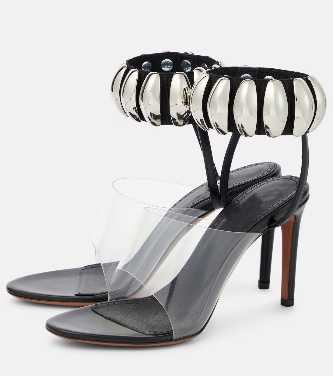 Slender high heels with round toe metal buckle and transparent PVC open toe Roman sandals