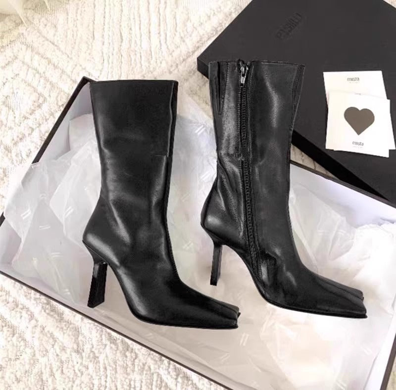 Classic black women's square toe shoes leather elastic fabric medium heeled boots mid length boots