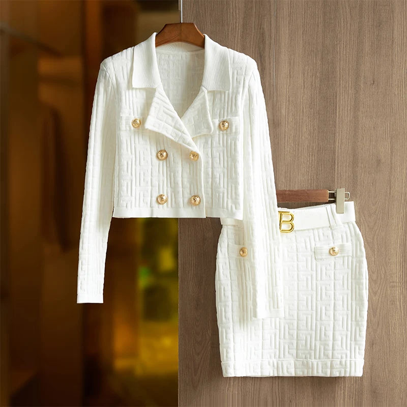 Jacquard Knitted Suit Collar Top Half Skirt Two Piece Fashion Skirt Set