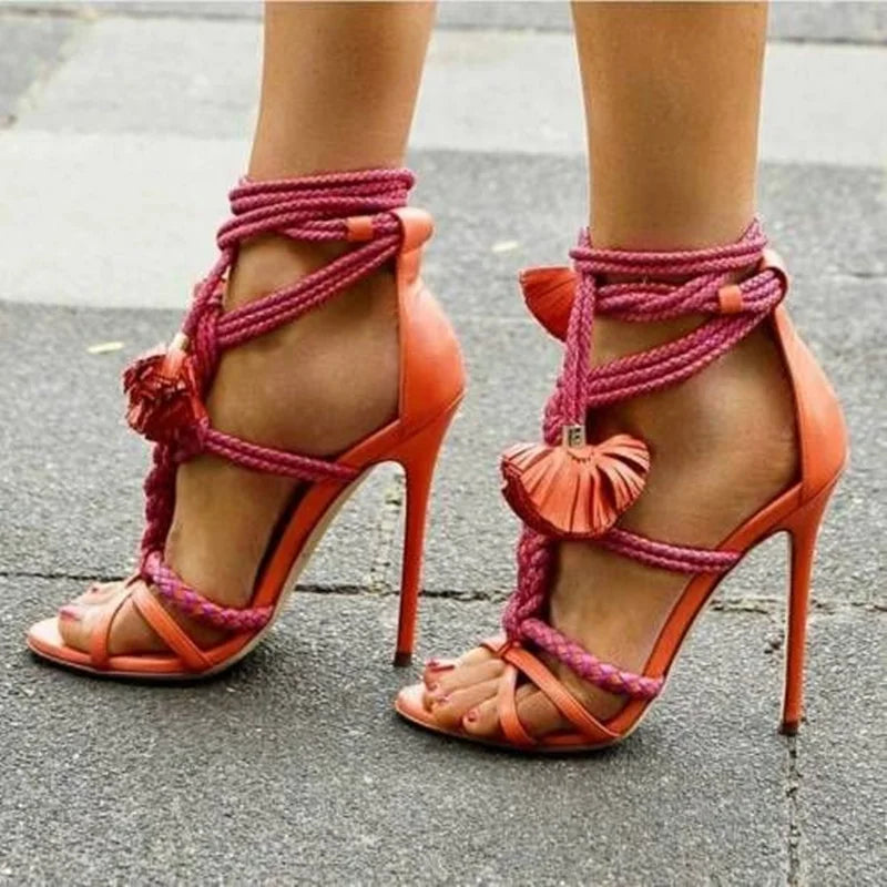 Braided Straps High Heel Sandals Sexy Rope Knot Cut Outs Summer Shoes Lace-up Stiletto Heels Gladiator Sandals Pink Brown Green