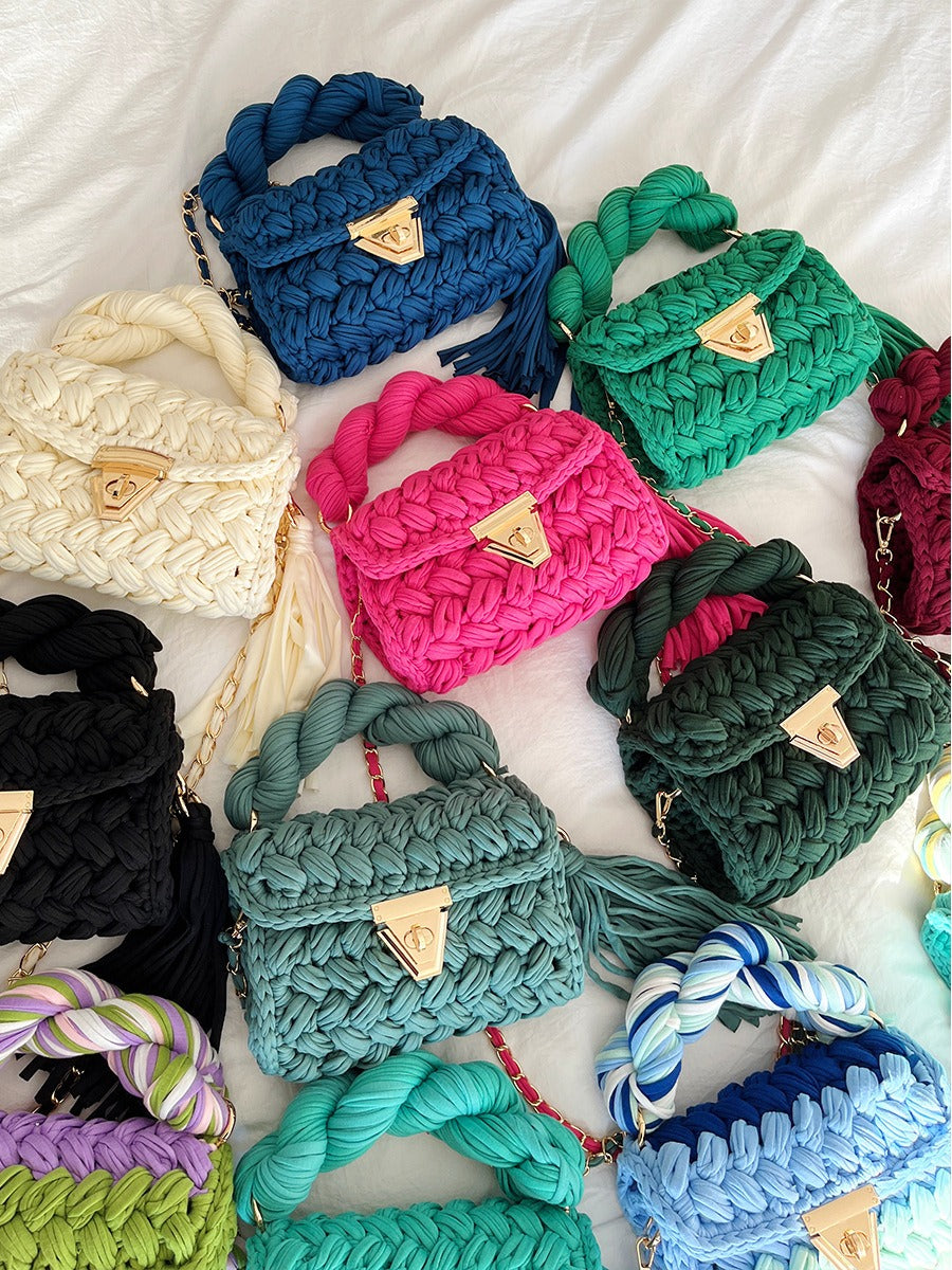 Hand woven bag crochet bag shoulder bag women's Fried Dough Twists portable tassel bag