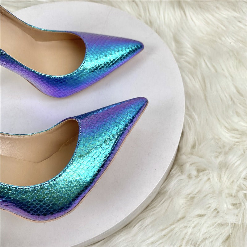 Blue snake patterned socialite high heels, pointed toe slim heels, fashionable shallow cut single shoes