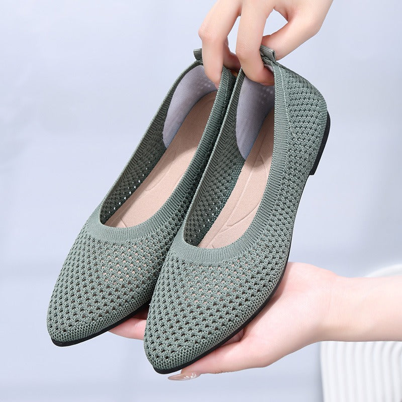 Summer solid color pointed flat bottomed women's shoes, casual breathable women's hollowed out cloth shoes