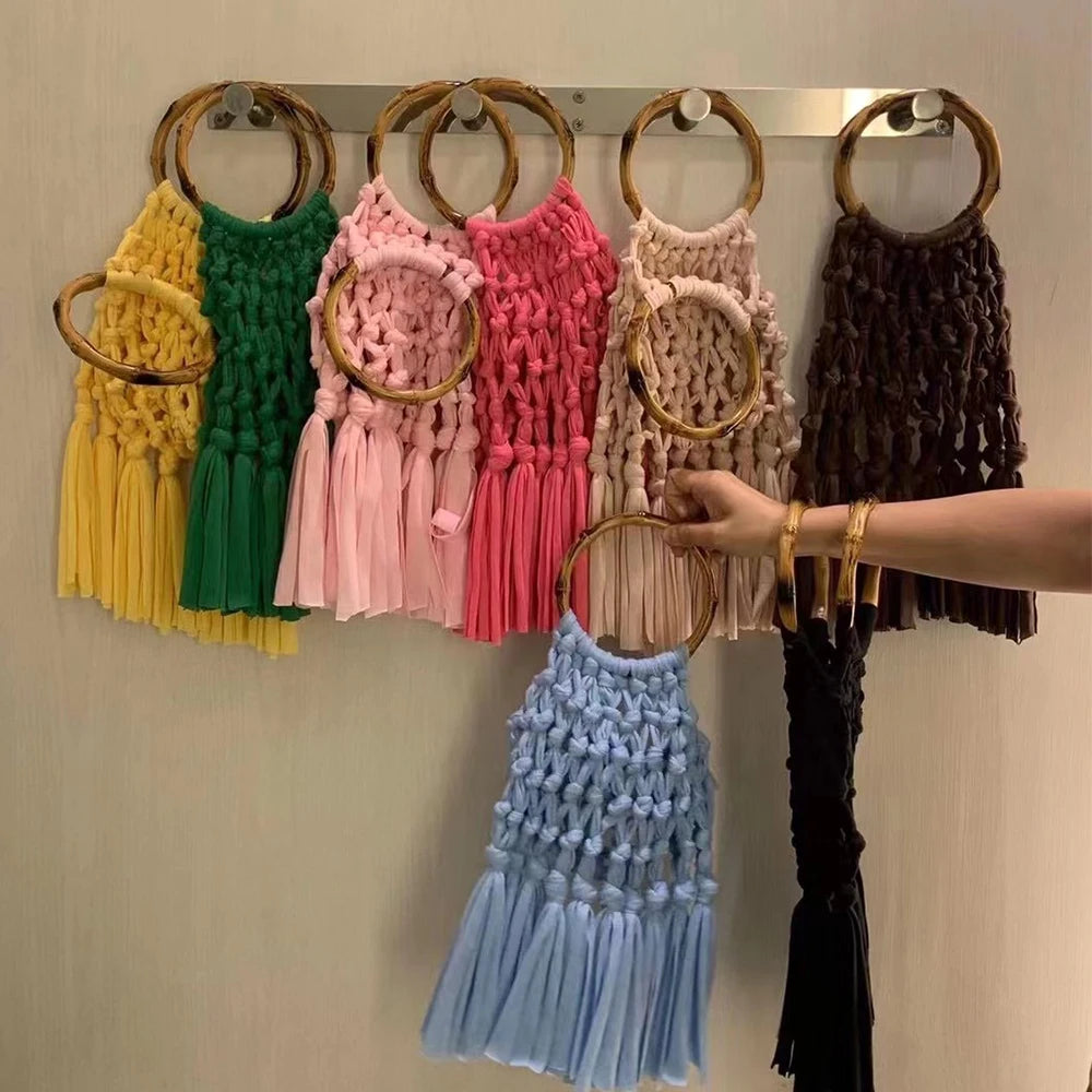 Cotton Knitted Tassel Hollow Bag DIY Hand Woven Bag Circular Handheld Small Bag