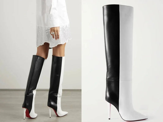 New European and American Women's Slim High Heels, Pointed Rivets, Knee Length Boots, Fashionable Party Oversized Mid Size Boots