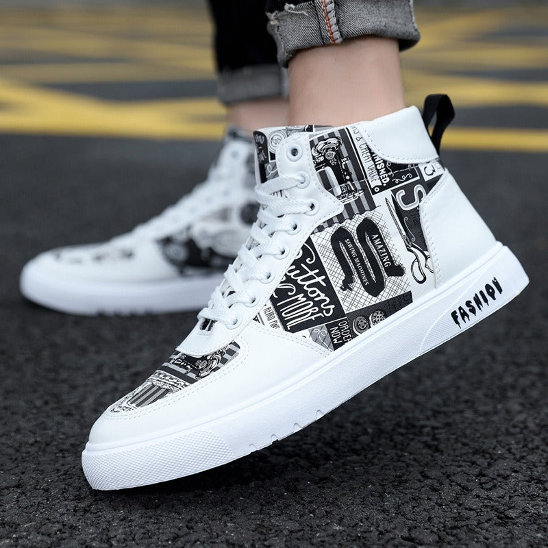 Autumn New Trendy Men's Shoes Personalized Graffiti High Top Men's Shoes Casual Four Seasons Student Sports Board Shoes Men's Tr