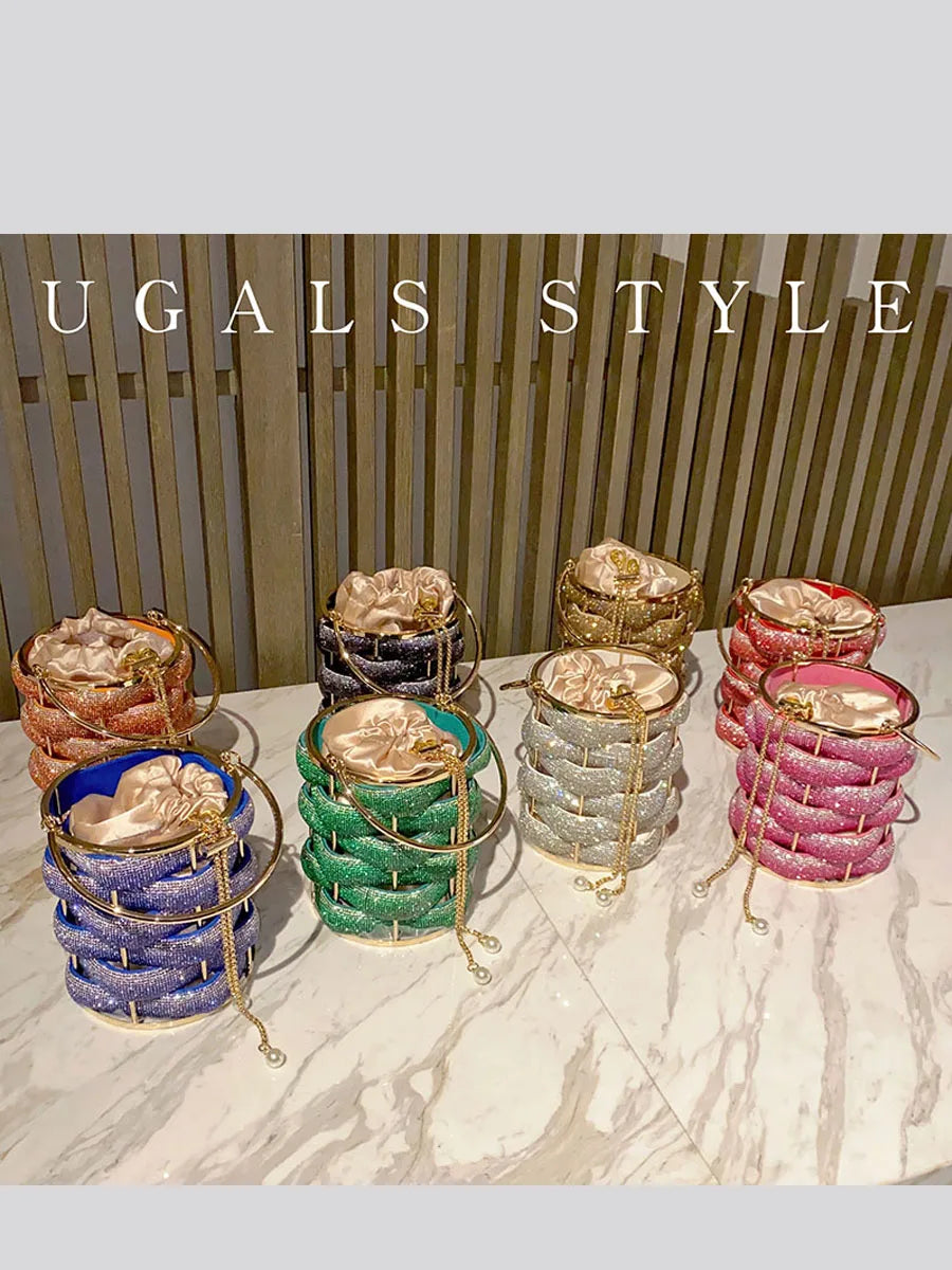 Woven Rhinestone Bucket Bag Woven Clutch Bags Women Boutique Multicolor Crystal Hollow Out Metal Purses And Handbags Wedding