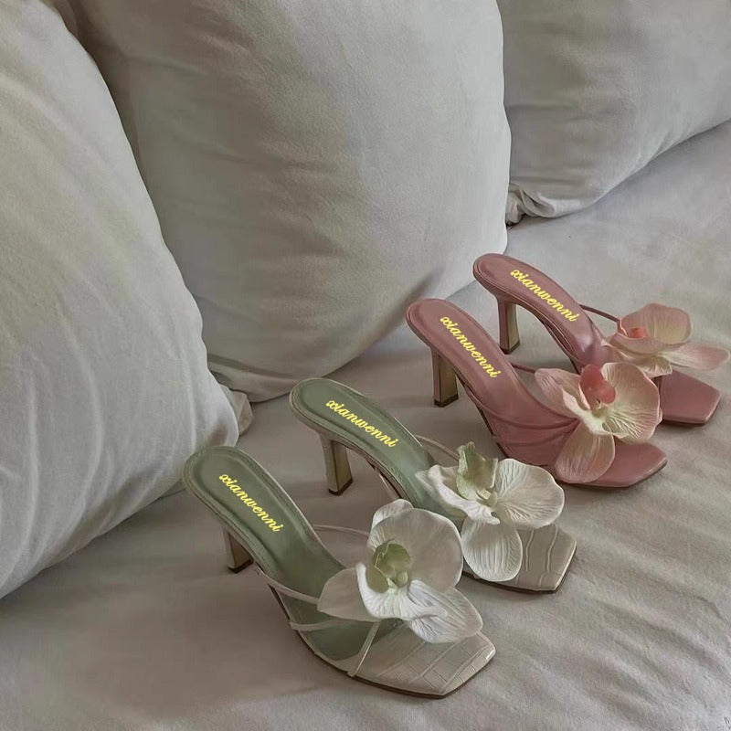 Flower toe high heels slippers, summer dress matching, wearing high heels sandals