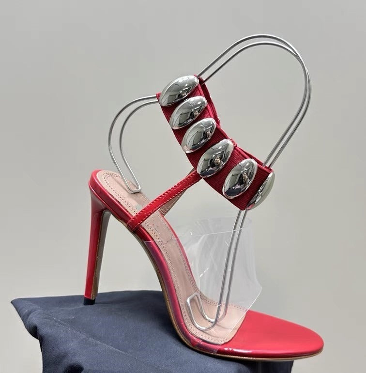 Slender high heels with round toe metal buckle and transparent PVC open toe Roman sandals