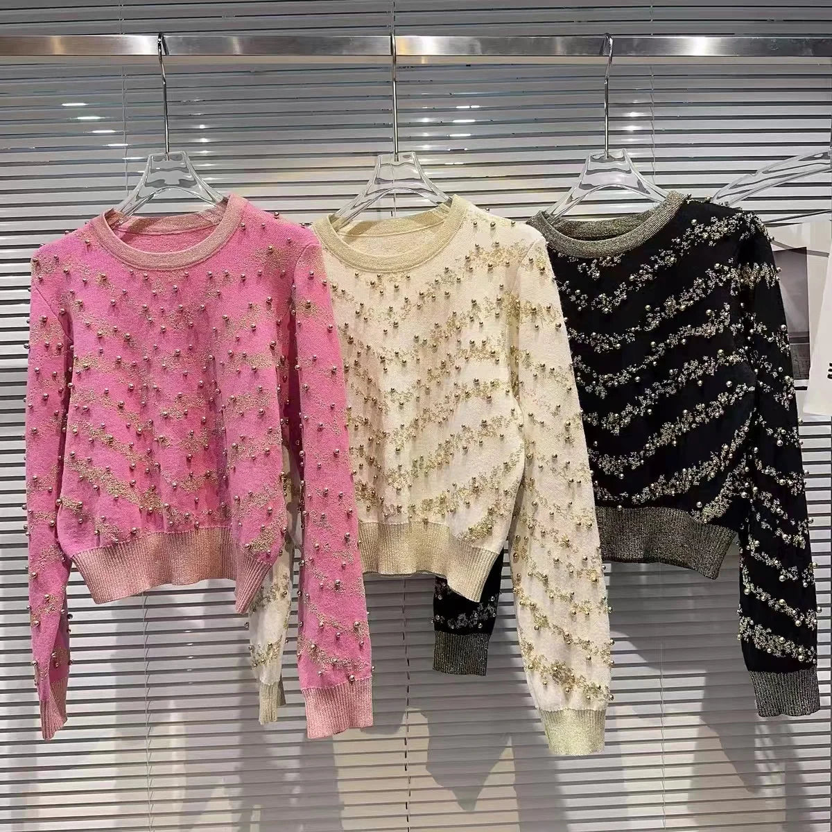 Beaded Gold Thread Knit Sweater Pullover Women Vintage Stylish Elegant Chic Tops  Autumn Winter Long Sleeve O-neck Jumpers