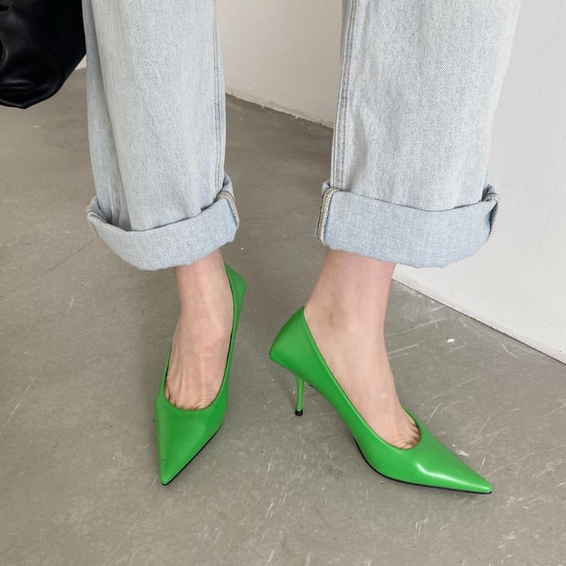 Pointed thin high heels, candy colored surface, shallow mouthed women's work shoes