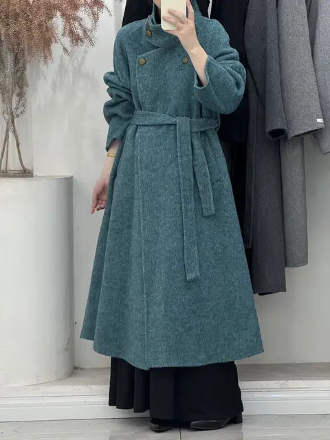 Stand collar double-sided wool coat women's long lace up cashmere coat