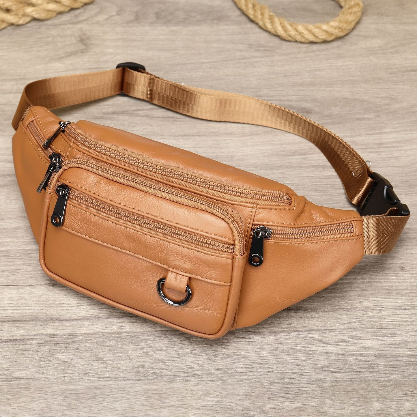 Men's sheepskin waist bag outdoor black mobile phone sheepskin bag leisure sports crossbody chest bag