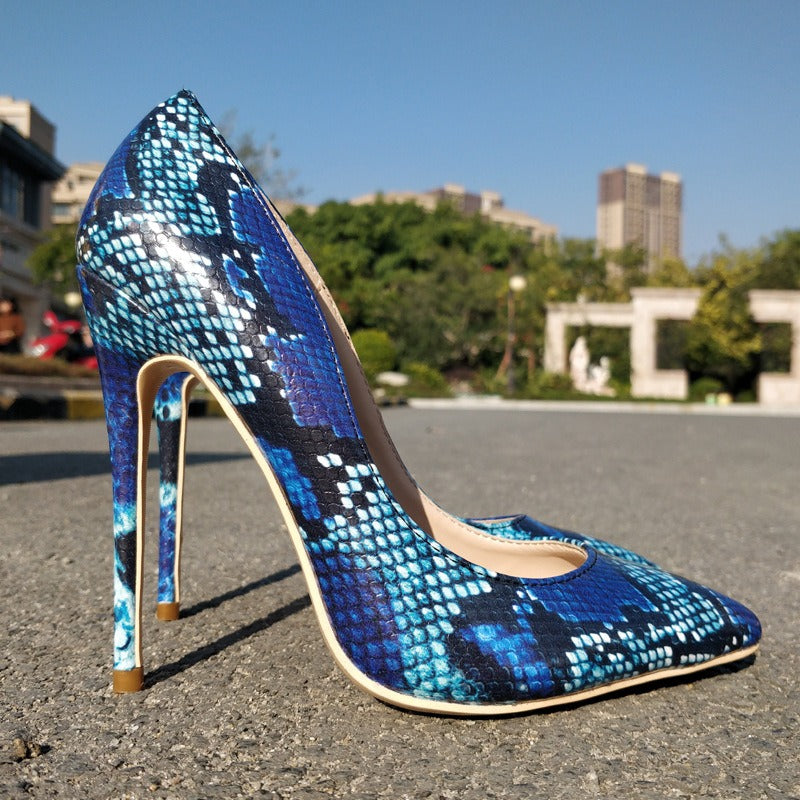 Elegant Heels, Slim Heels, Sexy Nightclub Versatile, Blue Snake Skin Pointed Head, Professional Shallow Mouth Single Shoes