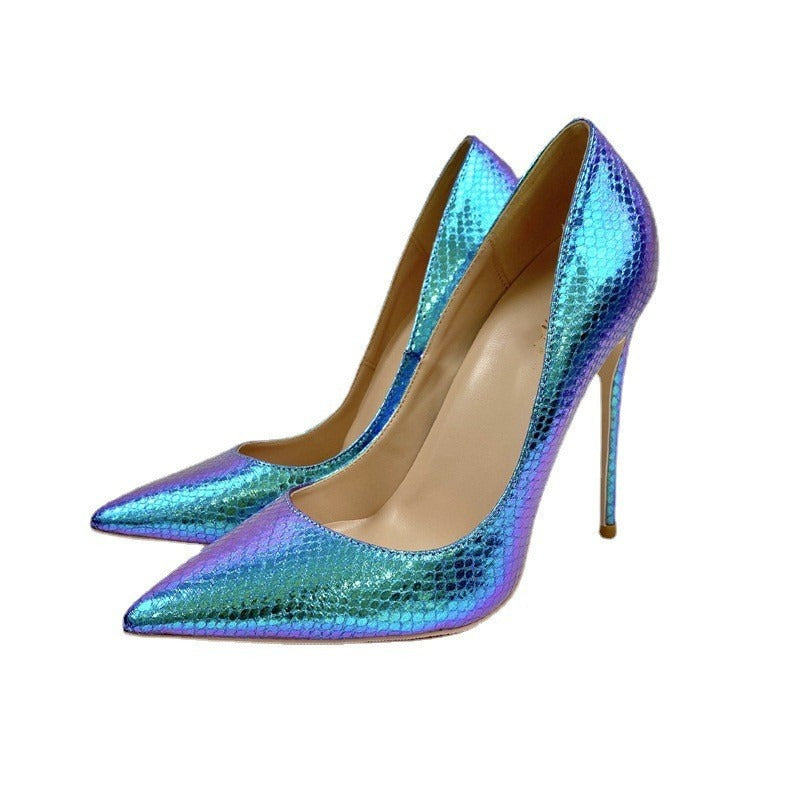 Blue snake patterned socialite high heels, pointed toe slim heels, fashionable shallow cut single shoes