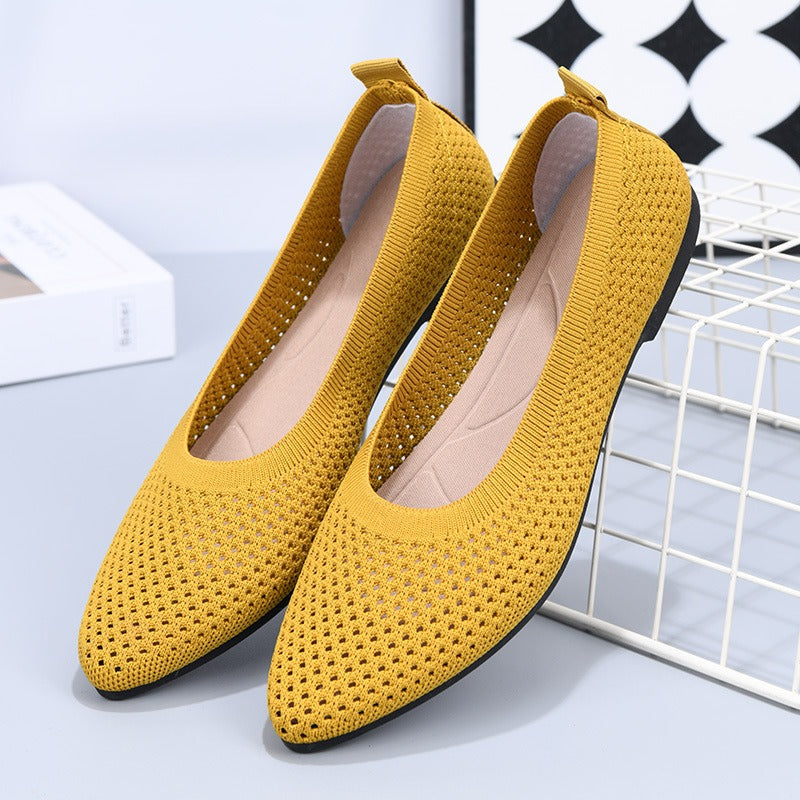 Summer solid color pointed flat bottomed women's shoes, casual breathable women's hollowed out cloth shoes