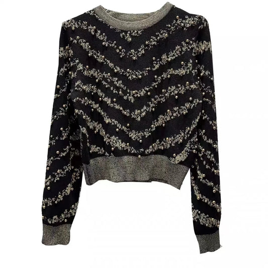 Beaded Gold Thread Knit Sweater Pullover Women Vintage Stylish Elegant Chic Tops  Autumn Winter Long Sleeve O-neck Jumpers