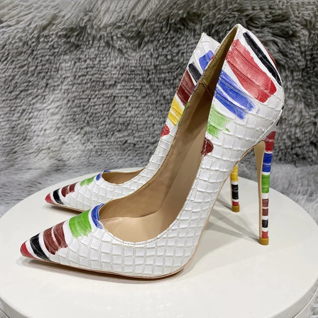 Colored Painted Women White Crocodile Effect Pointy Toe High Heel Party Shoes Snakeskin Sexy Stiletto Pumps