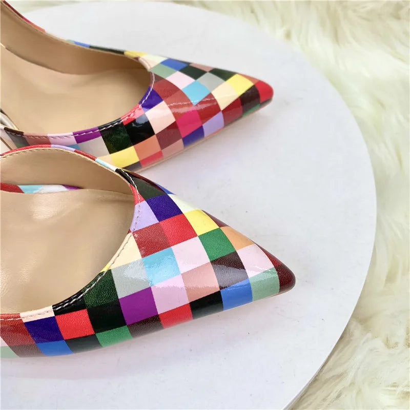 Multi-Color Plaid Print Women Pointy Toe Side Cut  High Heel Shoes Fashion Designer Ladies Slip On Stiletto Pumps