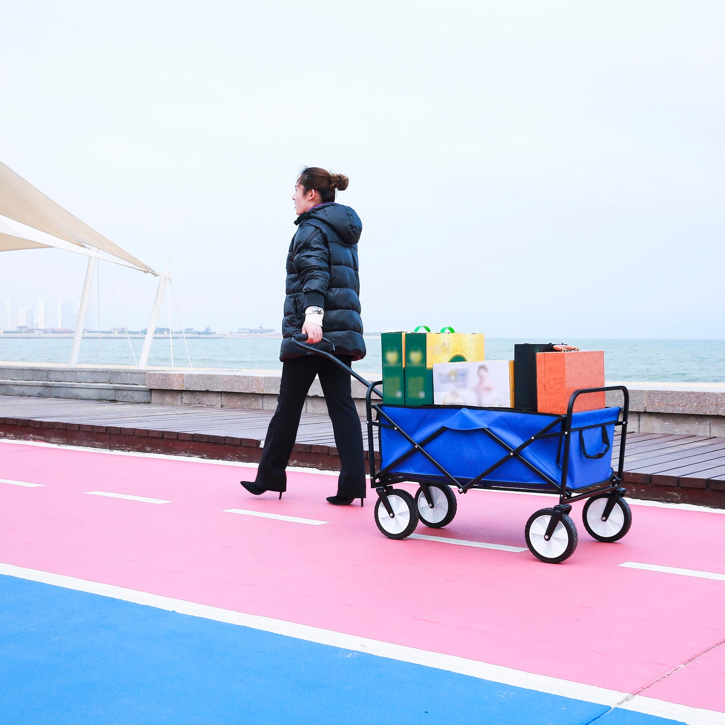 Folding Wagon Garden Shopping Beach Cart (Blue)