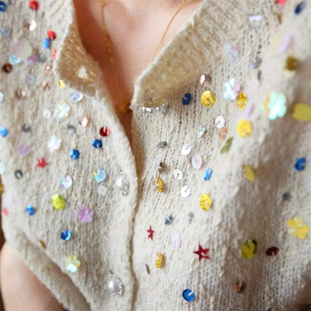 French fashion casual versatile girls' colorful sequin knitted sweater cardigan jacket