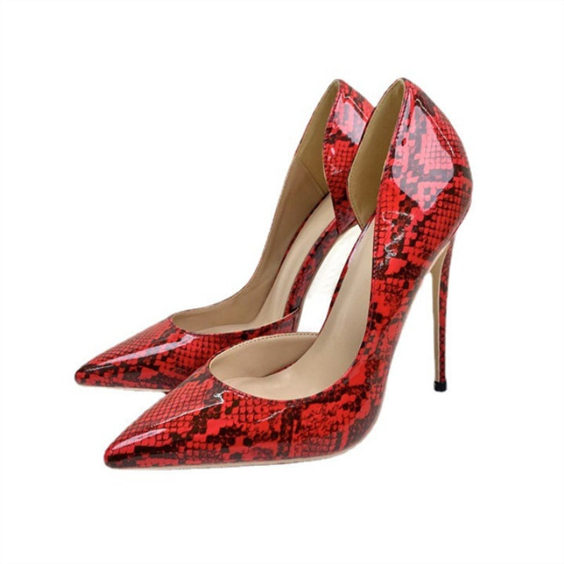 Red snake patterned socialite high heeled shoes with pointed toe, slim heel, shallow mouth, side air single shoe