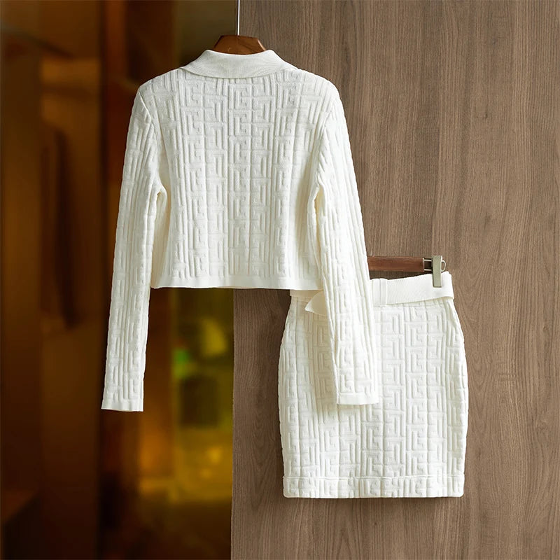 Jacquard Knitted Suit Collar Top Half Skirt Two Piece Fashion Skirt Set