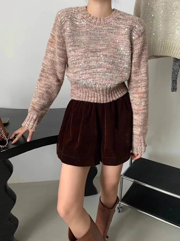 Knitted sweater lazy style pullover round neck short sweater women's knitted top