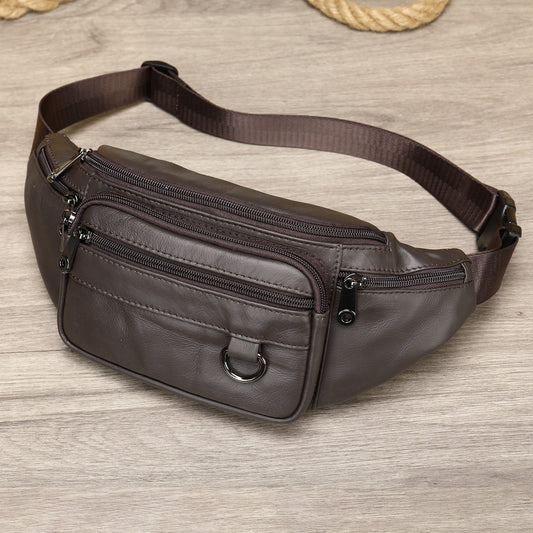 Men's sheepskin waist bag outdoor black mobile phone sheepskin bag leisure sports crossbody chest bag