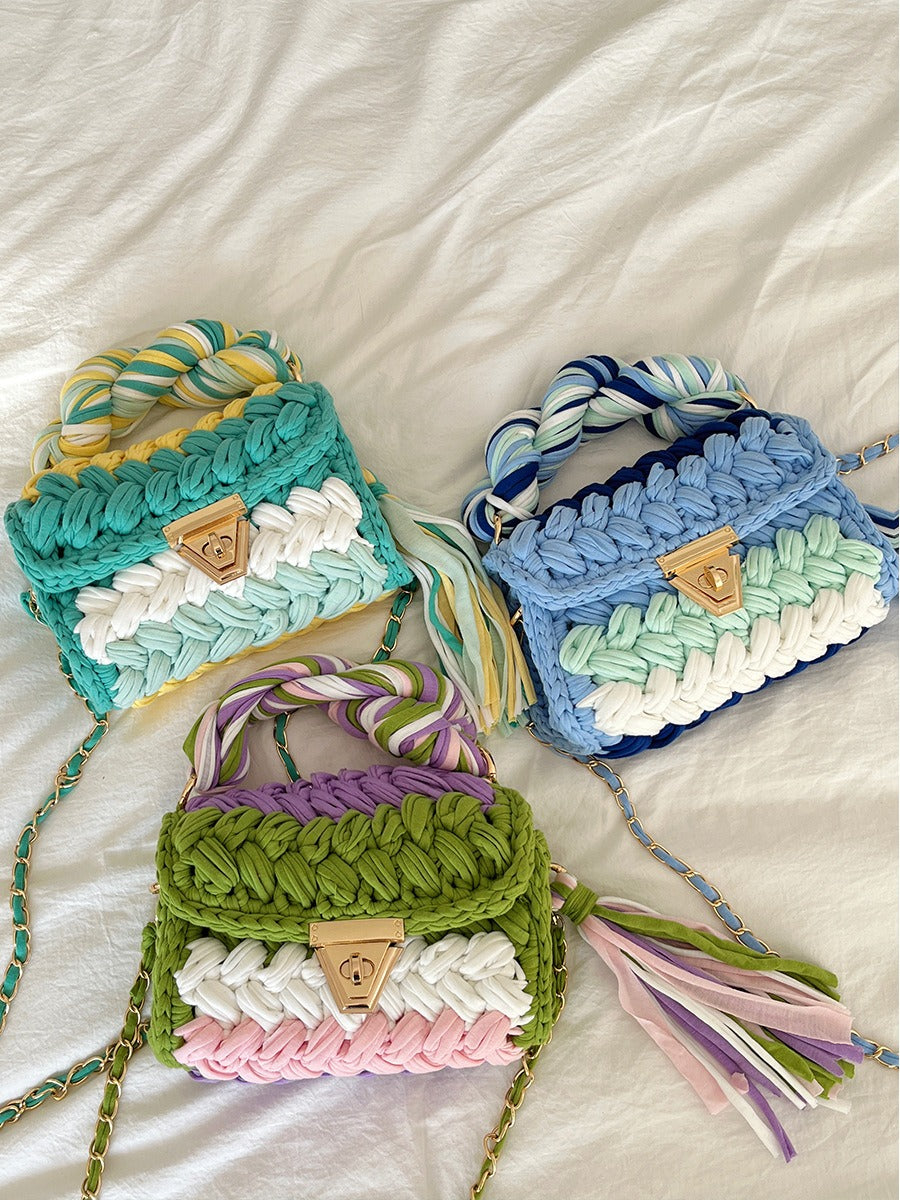 Hand woven bag crochet bag shoulder bag women's Fried Dough Twists portable tassel bag