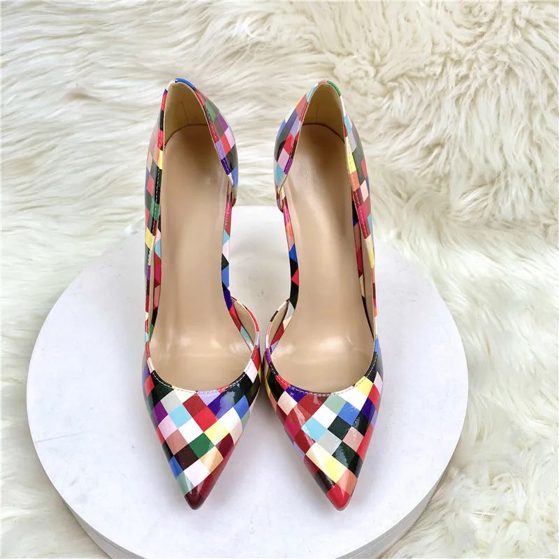 Multi-Color Plaid Print Women Pointy Toe Side Cut  High Heel Shoes Fashion Designer Ladies Slip On Stiletto Pumps