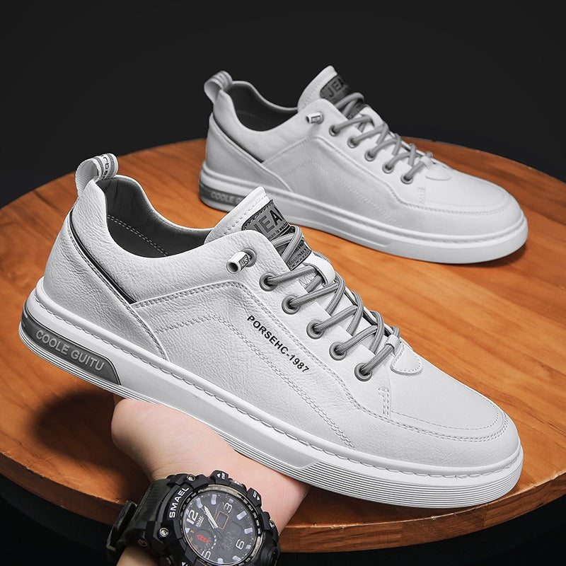 Men's casual leather shoes, men's versatile sports shoes, men's thick soled white sneakers