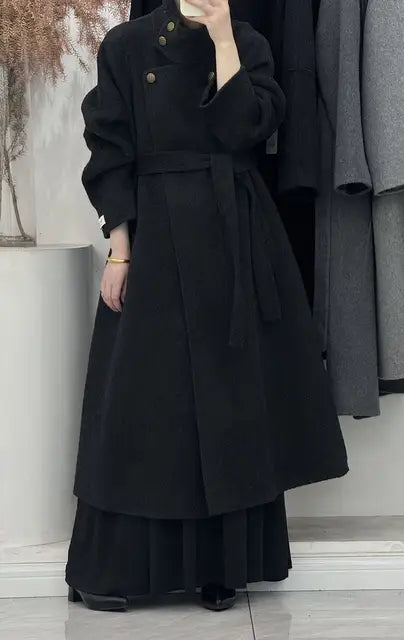 Stand collar double-sided wool coat women's long lace up cashmere coat