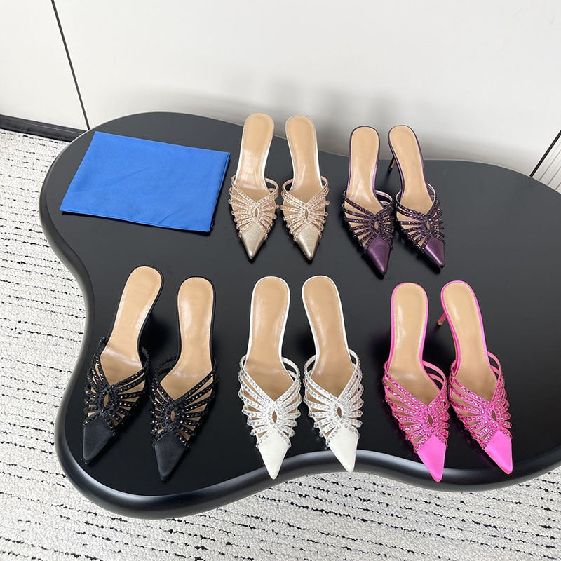 Slim pointed toe stiletto high heel half slippers with temperament rhinestone hollow silk