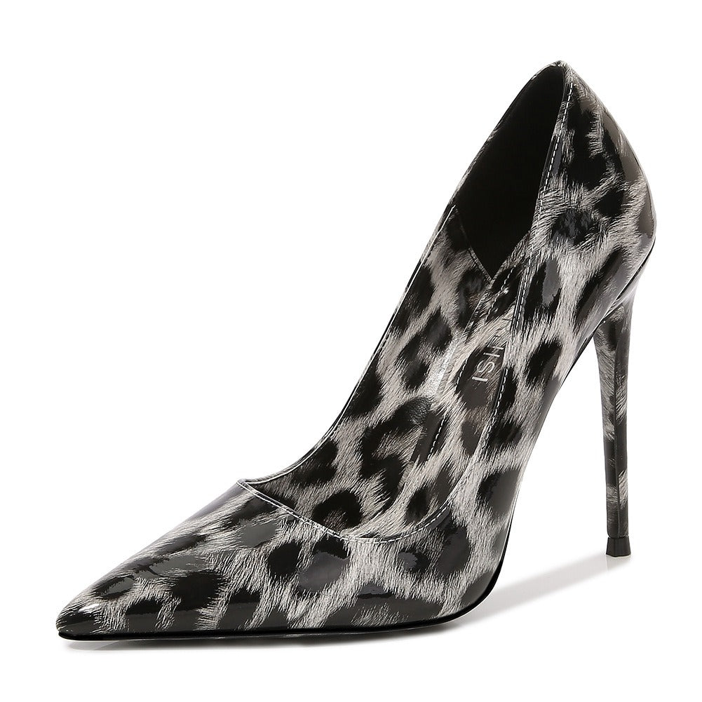 Leopard print pointed high heels, slim heels, oversized single shoes, European and American style, sexy women's shoes