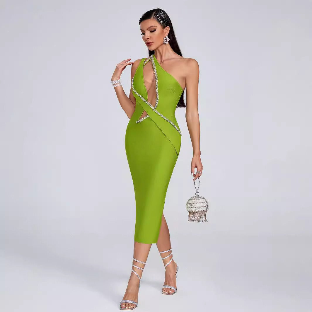 Bandage dress fashionable and sexy one shoulder slanted collar nail drill mesh dress