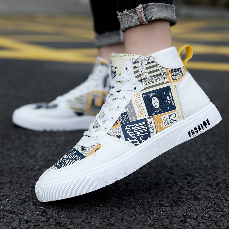 Autumn New Trendy Men's Shoes Personalized Graffiti High Top Men's Shoes Casual Four Seasons Student Sports Board Shoes Men's Tr