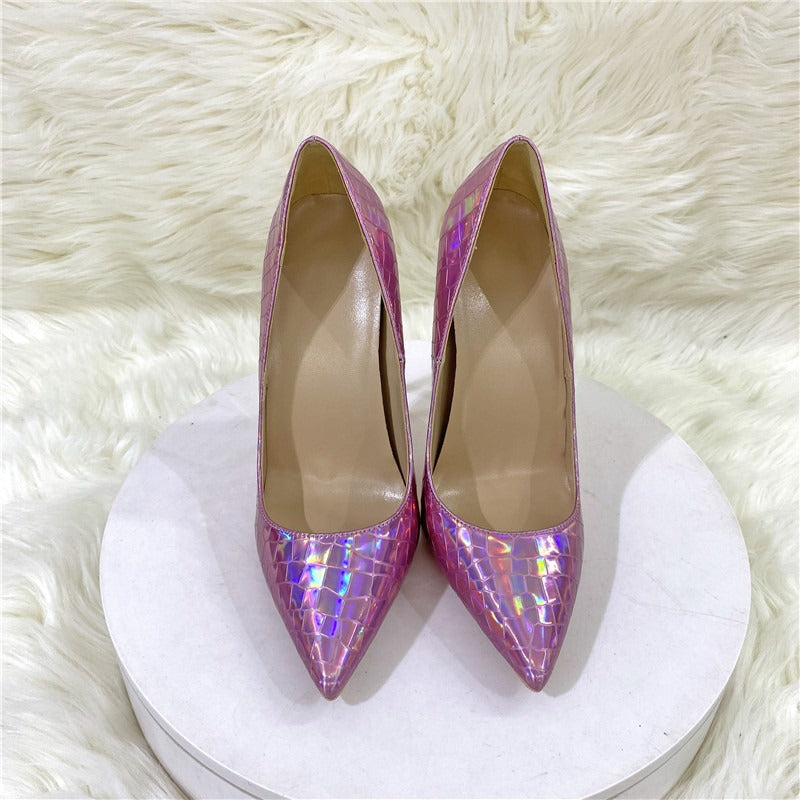 Colorful stone patterned high heels, pointed toe thin heels, shallow cut single shoes