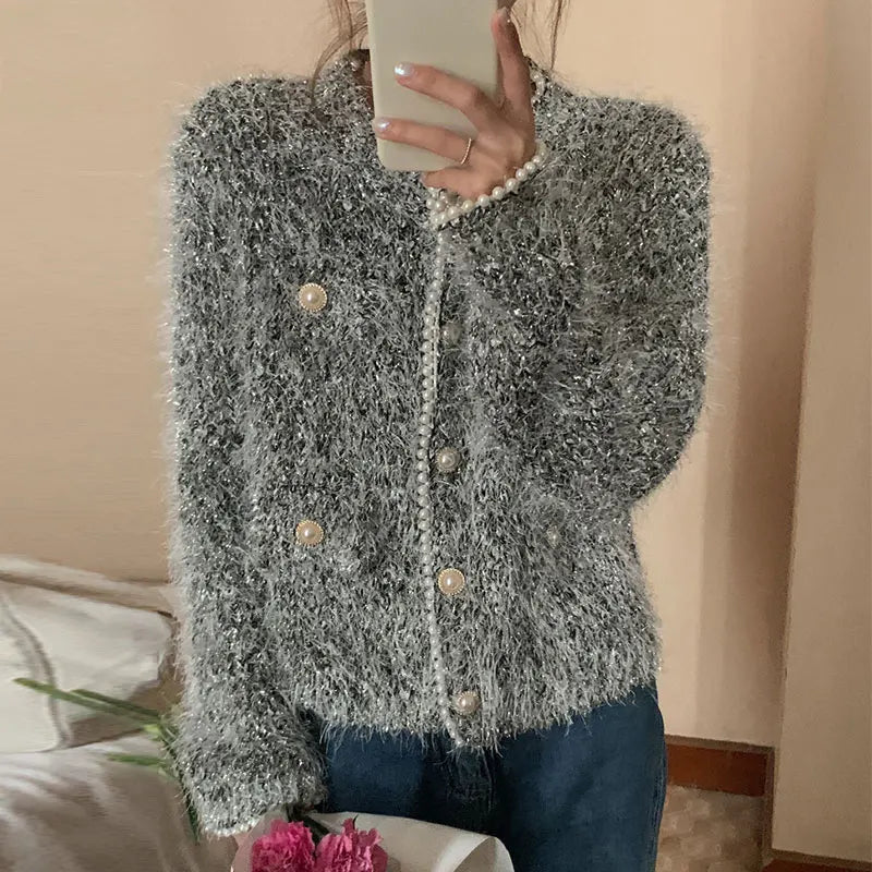 Pearl Beading Elegant Knit Cardigan Sweater Women Korean Stylish Shiny Thread Tops Long Sleeve O-neck Vintage Coats Jumpers