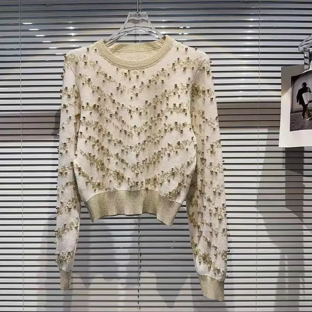 Beaded Gold Thread Knit Sweater Pullover Women Vintage Stylish Elegant Chic Tops  Autumn Winter Long Sleeve O-neck Jumpers