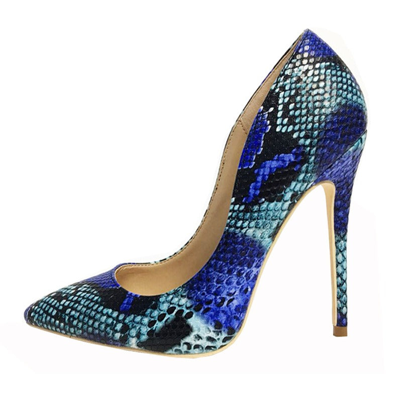 Elegant Heels, Slim Heels, Sexy Nightclub Versatile, Blue Snake Skin Pointed Head, Professional Shallow Mouth Single Shoes