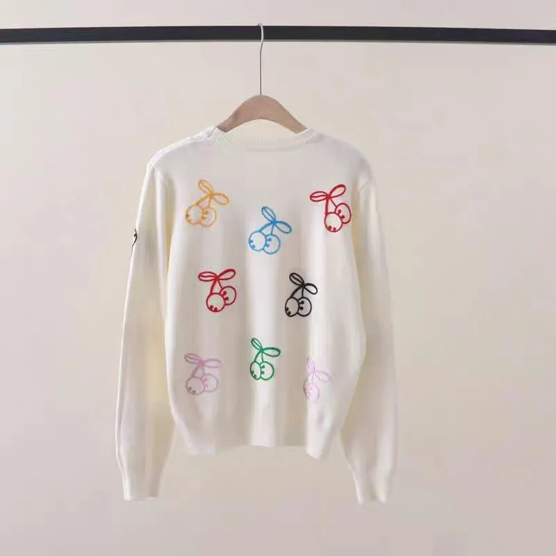 Cherry Embroidered Sweater Women Pullover Tops  Winter Round Neck Long Sleeve Loose Stylish Knitwear Jumpers Sueter Mujer