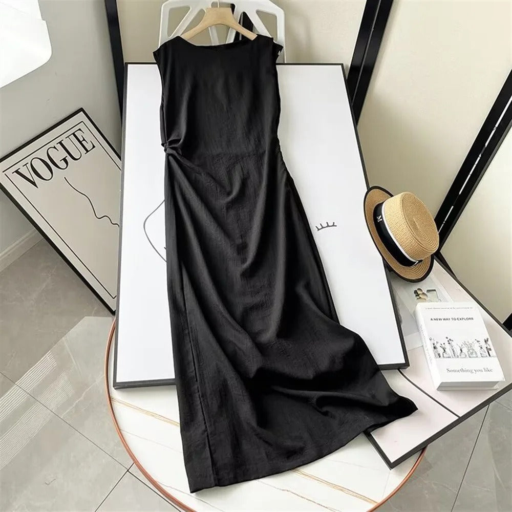 Side pleated sleeveless dress small black dress