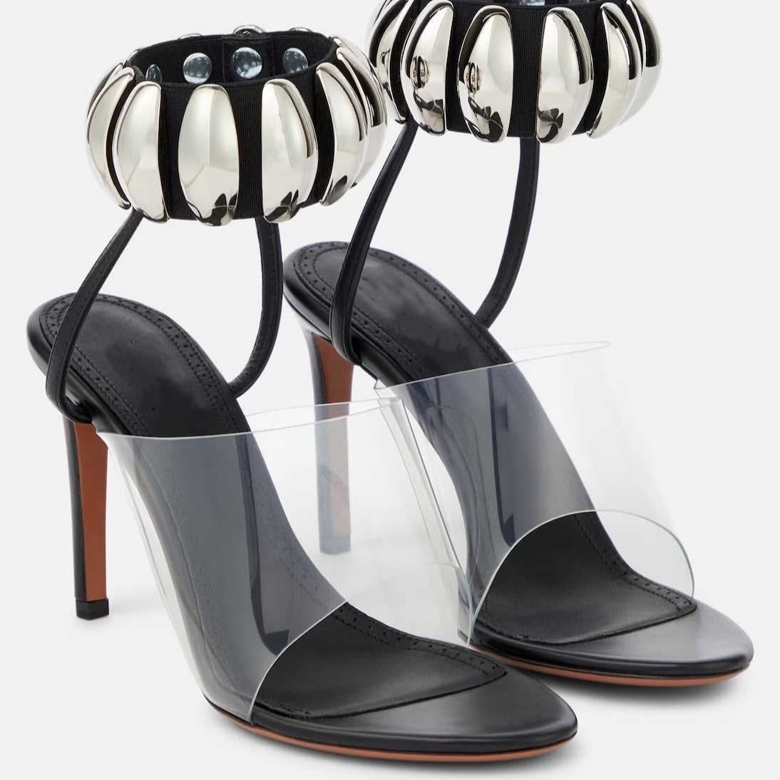 Slender high heels with round toe metal buckle and transparent PVC open toe Roman sandals