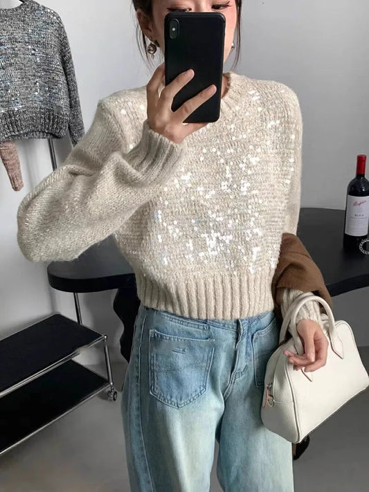 Knitted sweater lazy style pullover round neck short sweater women's knitted top