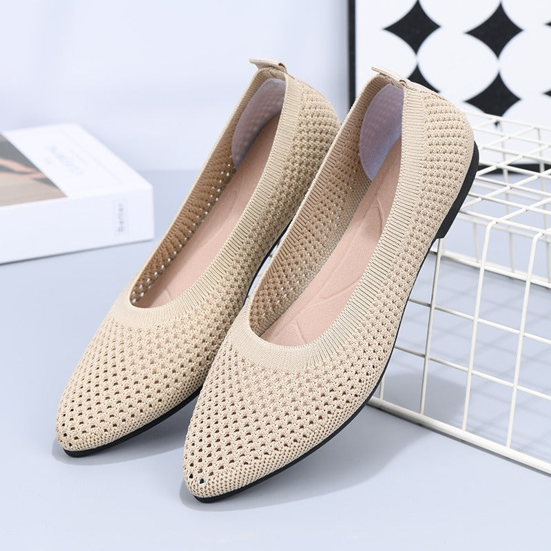 Summer solid color pointed flat bottomed women's shoes, casual breathable women's hollowed out cloth shoes